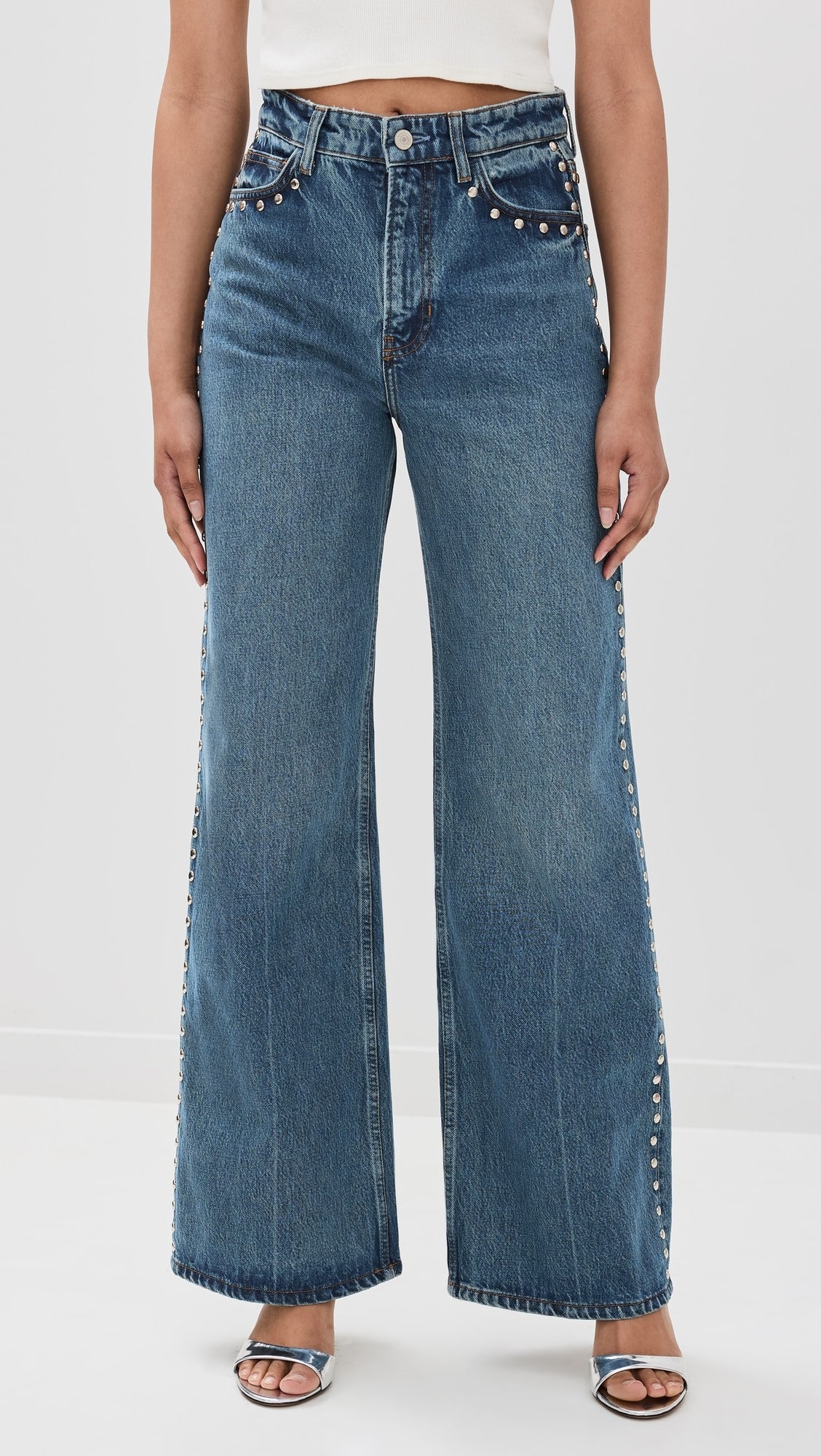Electric Aura - Rhinestone Embellished Wide Leg Jeans - Dark Blue
