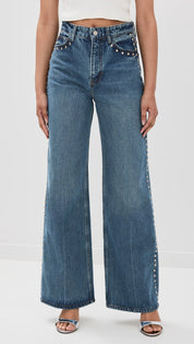 Electric Aura - Rhinestone Embellished Wide Leg Jeans - Dark Blue