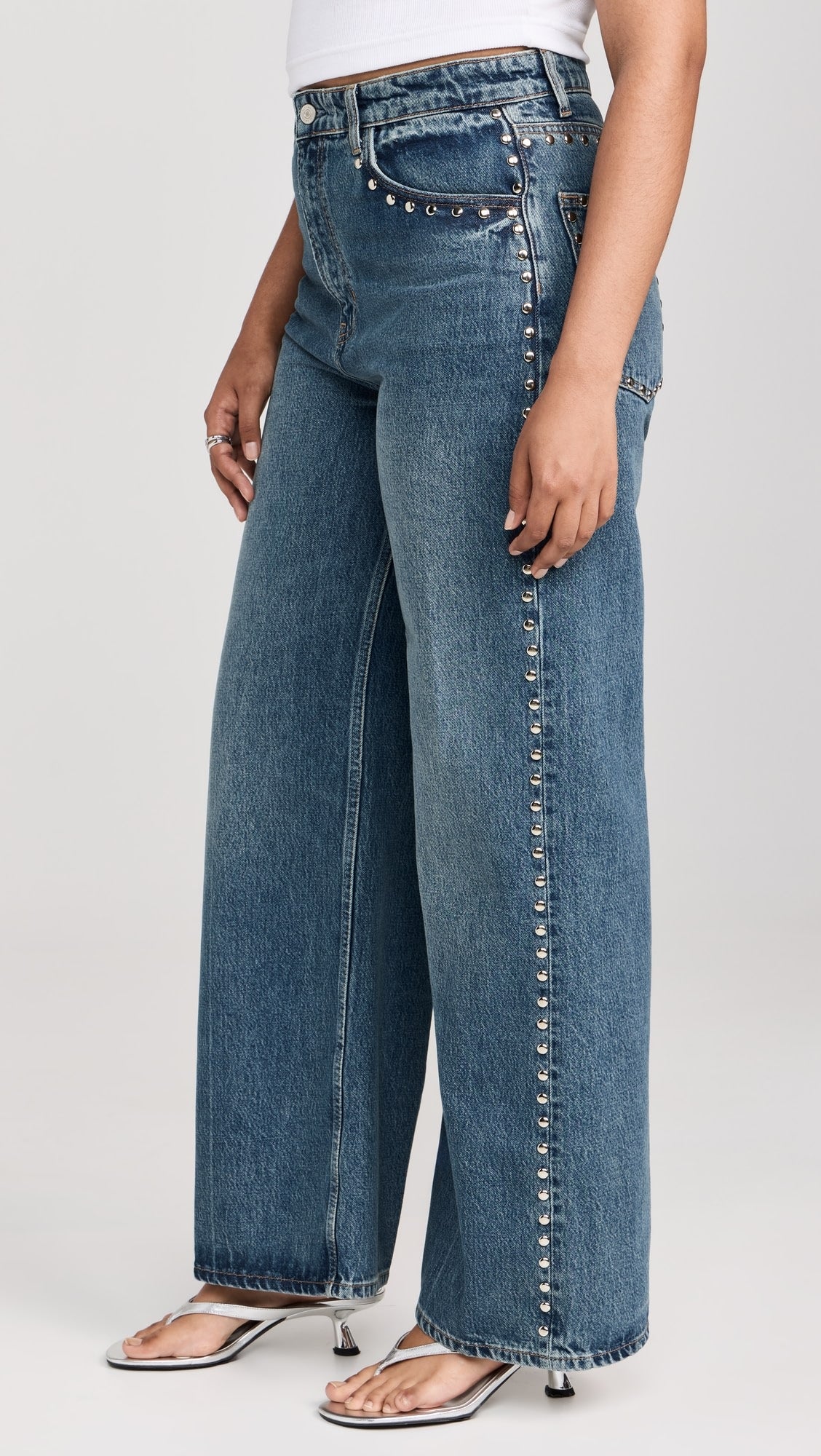 Electric Aura - Rhinestone Embellished Wide Leg Jeans - Dark Blue