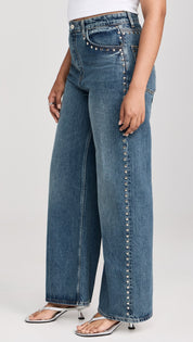 Electric Aura - Rhinestone Embellished Wide Leg Jeans - Dark Blue